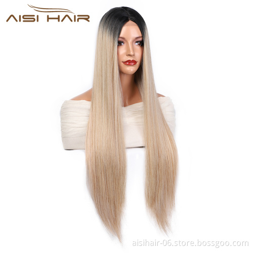 Aisi Hair New Design Long Silky Straight Wigs Ombre Blonde Swiss Lace Wig Synthetic Hair Lace Frontal Wigs For Black Women